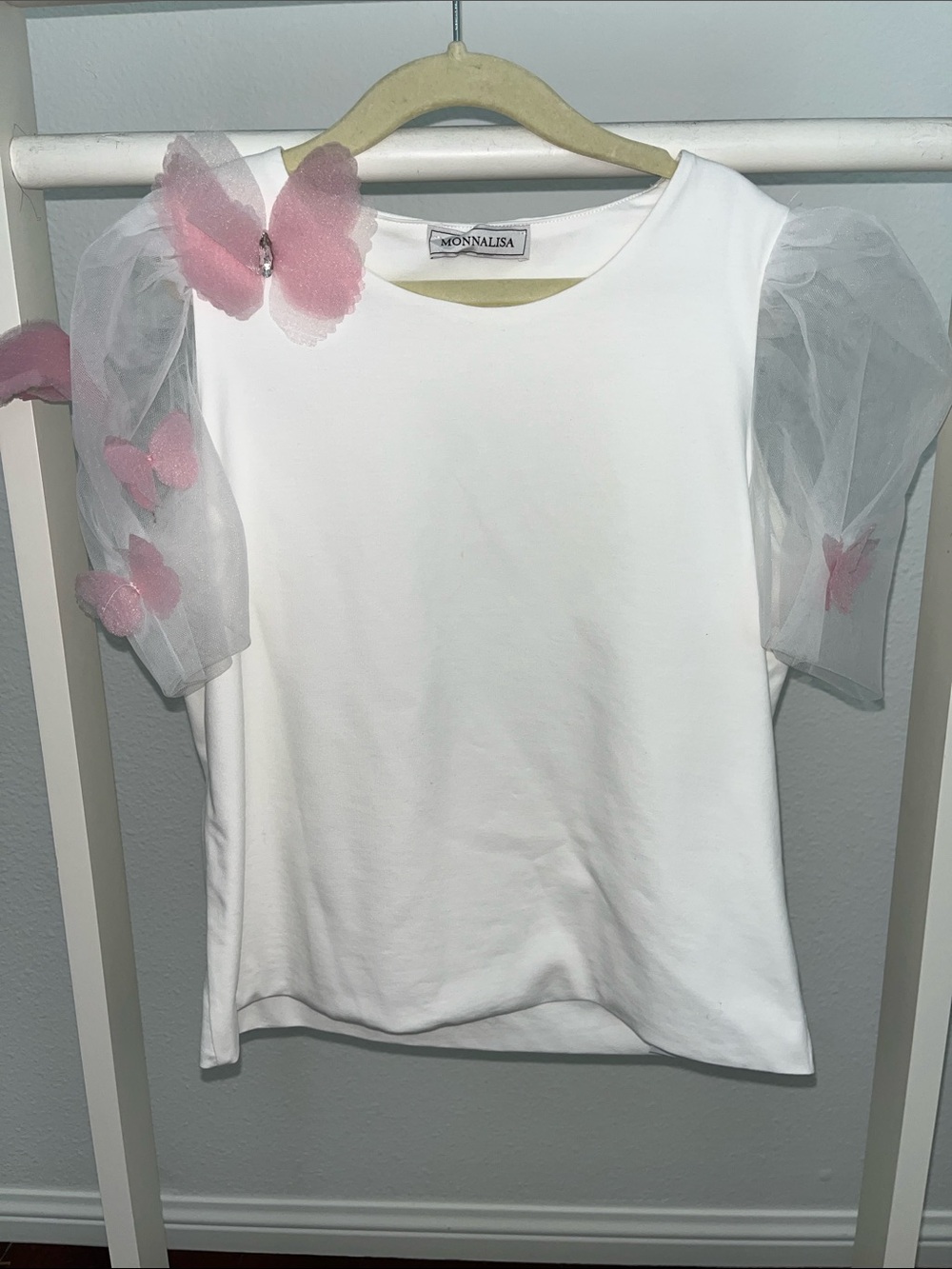 MonnaLisa White Tee with Pink Butterfly Tulle Sleeves